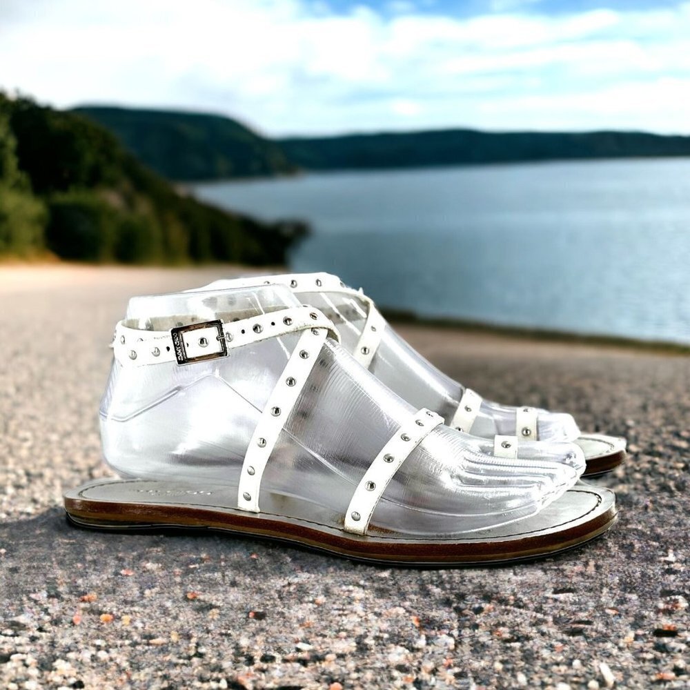 Jimmy Choo Silver Studded White Leather Ankle Wrap Toe Ring Sandals Size 36.5